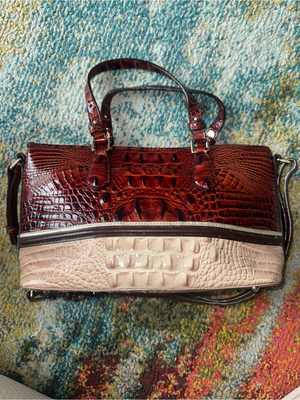 Brahmin Two-Tone Croc-Embossed Satchel in Burgundy and Cream SEND BEST OFFER❤️ - Picture 3 of 9
